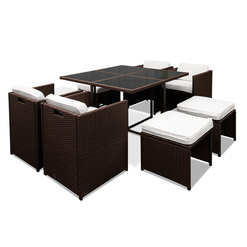 9 Piece Wicker Outdoor Dining Set - Brown & White