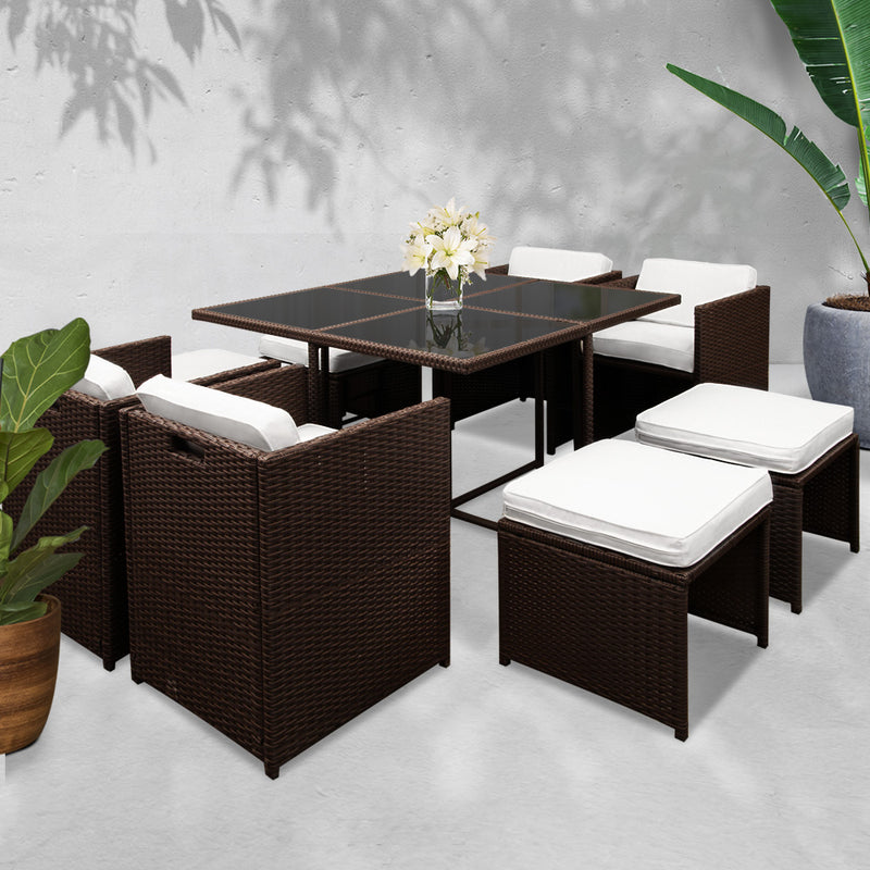 9 Piece Wicker Outdoor Dining Set - Brown & White