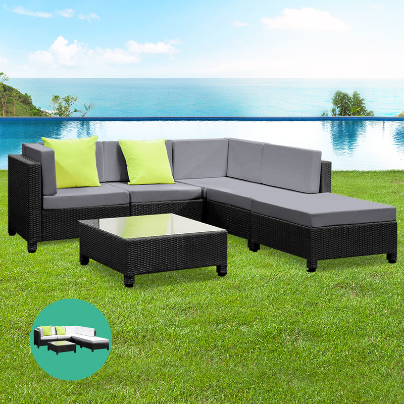 6pcs Outdoor Sofa Lounge Setting Couch Wicker Table Chairs Patio Furniture Black