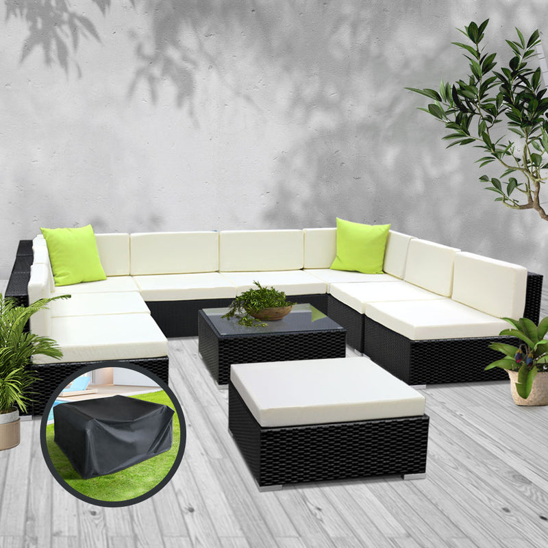 10PC Sofa Set with Storage Cover Outdoor Furniture Wicker