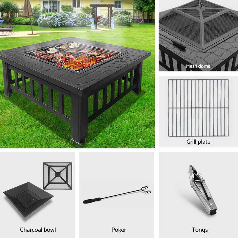 Outdoor Fire Pit BBQ Table Grill Fireplace Stone Pattern