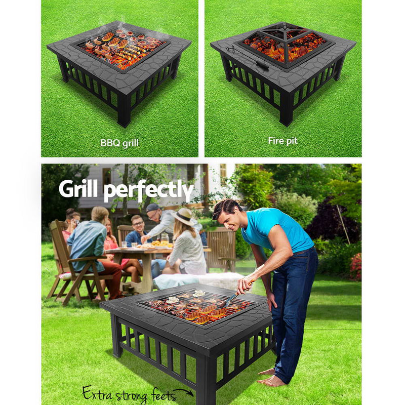 Outdoor Fire Pit BBQ Table Grill Fireplace Stone Pattern