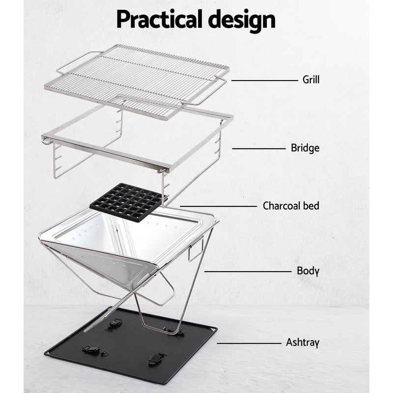 Camping Fire Pit BBQ Portable Folding Stainless Steel Stove Outdoor Pits