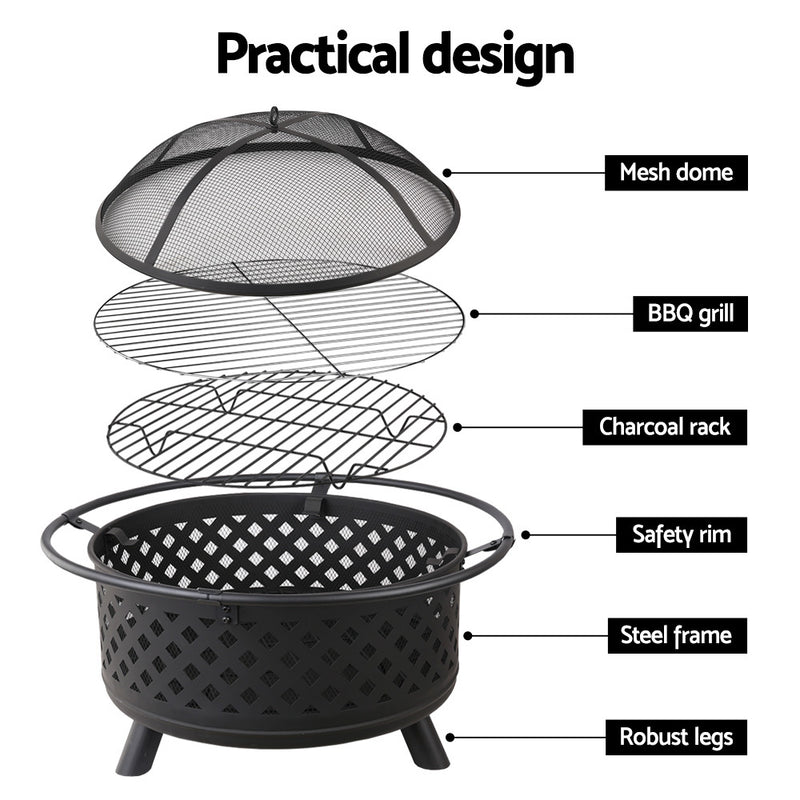 30 Inch Portable Outdoor Fire Pit and BBQ - Black