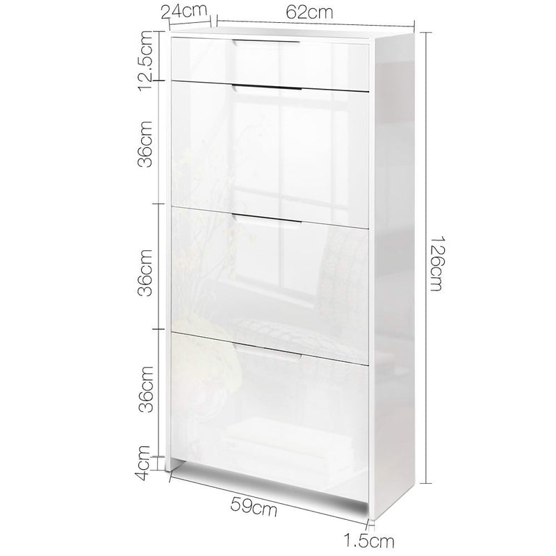 24 Pair High Gloss Wooden Shoe Cabinet - White