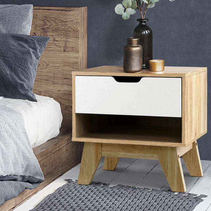 Bedside Table Drawer Nightstand Shelf Cabinet Storage Lamp Side Wooden