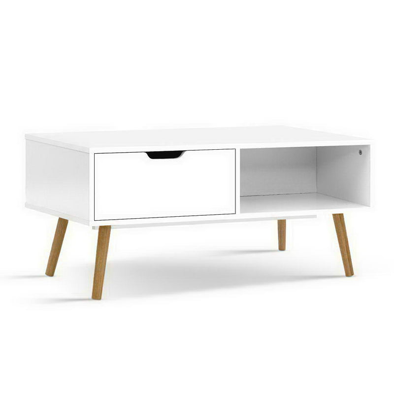 Coffee Table Storage Drawer Open Shelf Wooden Legs Scandinavian White