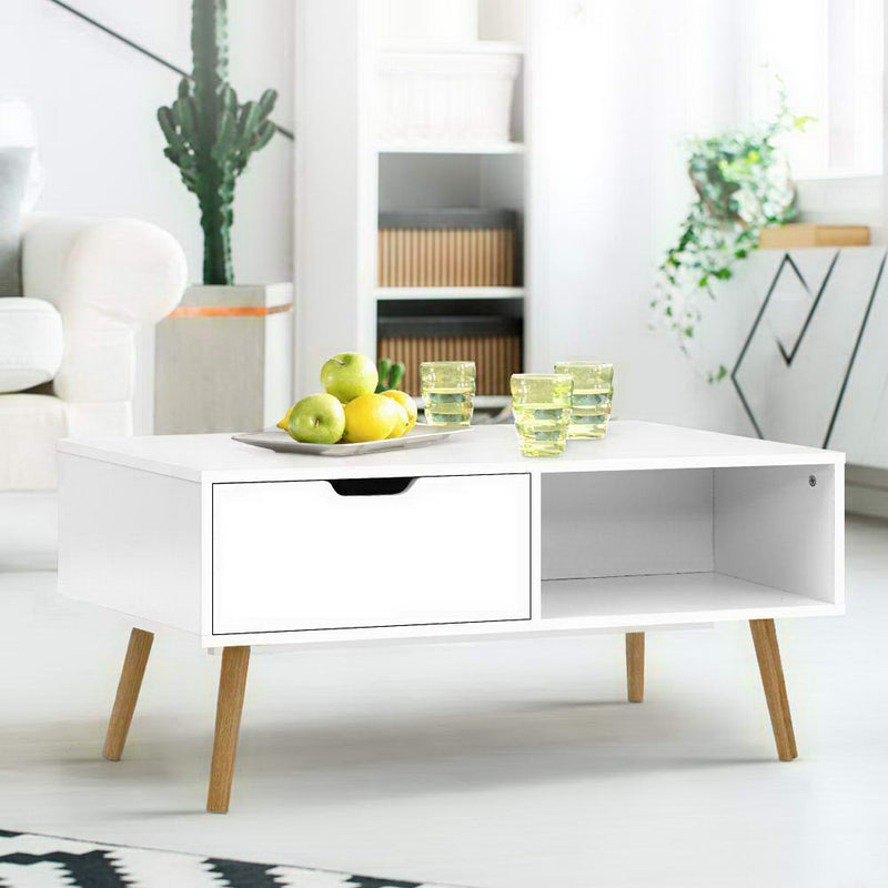 Coffee Table Storage Drawer Open Shelf Wooden Legs Scandinavian White