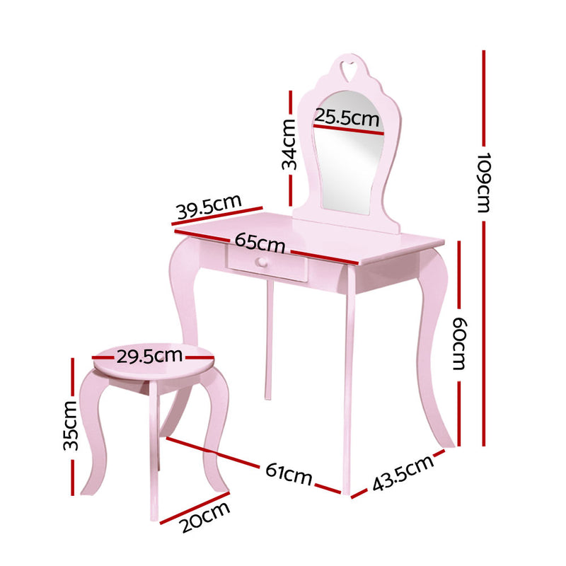 Kids Vanity Dressing Table Stool Set Mirror Drawer Children Makeup Pink