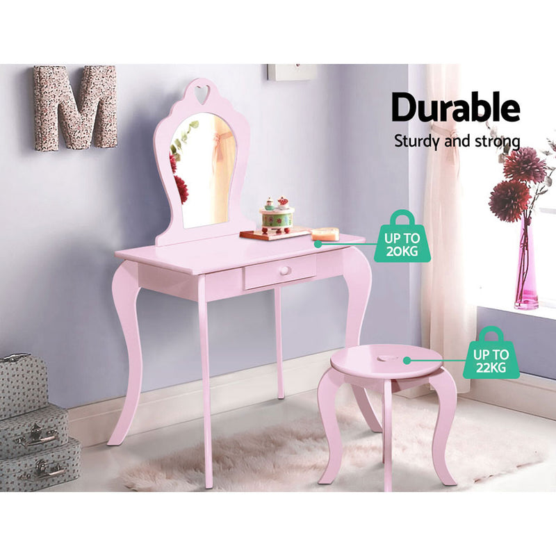 Kids Vanity Dressing Table Stool Set Mirror Drawer Children Makeup Pink