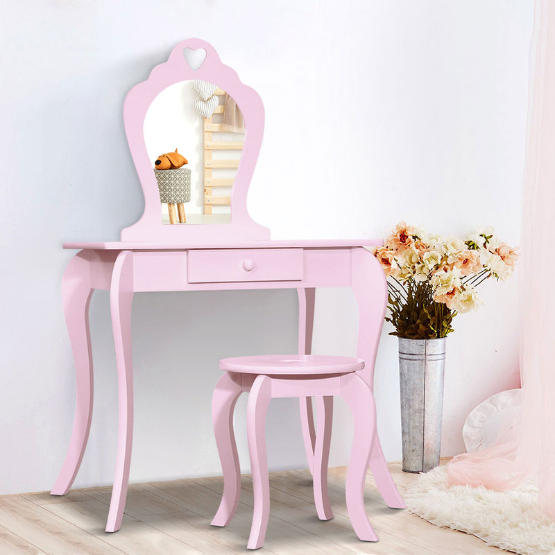 Kids Vanity Dressing Table Stool Set Mirror Drawer Children Makeup Pink