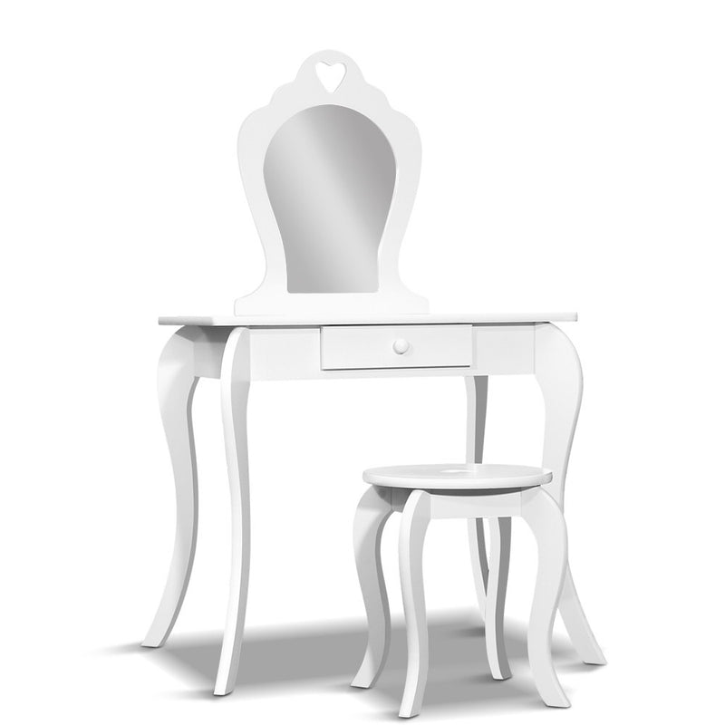 Kids Vanity Dressing Table Stool Set Mirror Drawer Children Makeup White