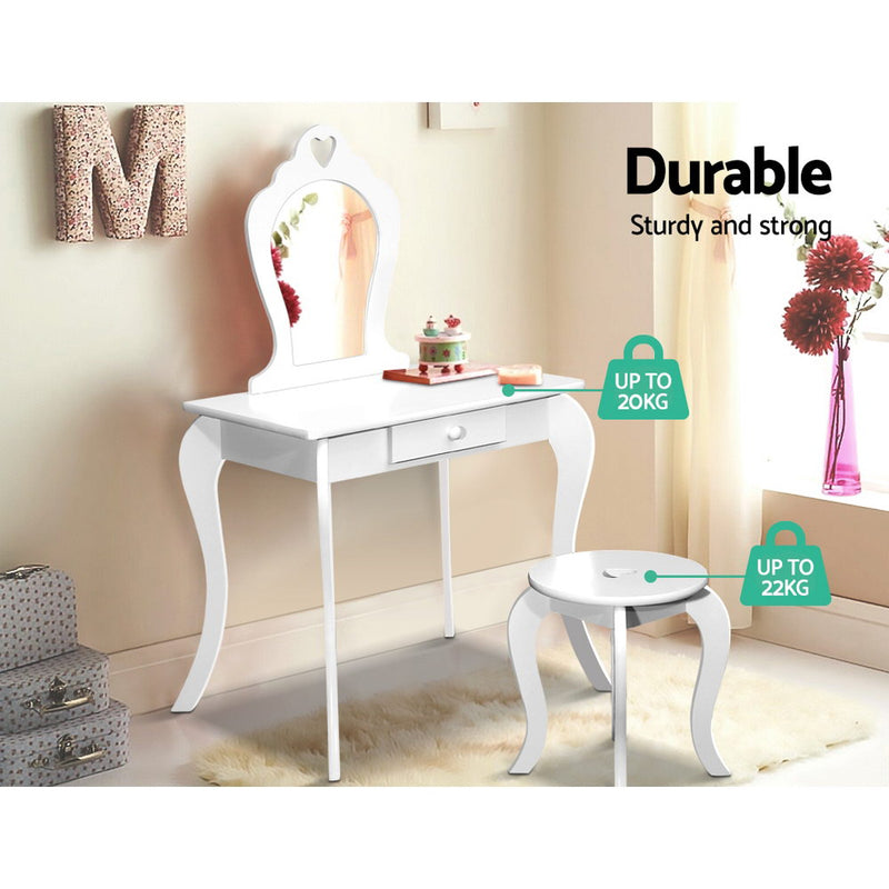 Kids Vanity Dressing Table Stool Set Mirror Drawer Children Makeup White