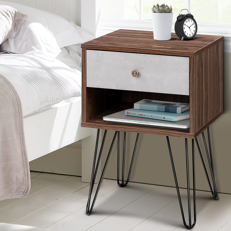 Bedside Table with Drawer - Grey & Walnut