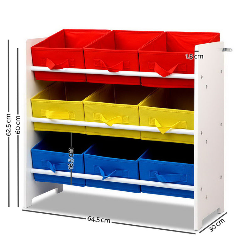 Keezi 3-Tier 9 Bins Kids Toy Box Organiser Storage Rack Cabinet Wooden Bookcase