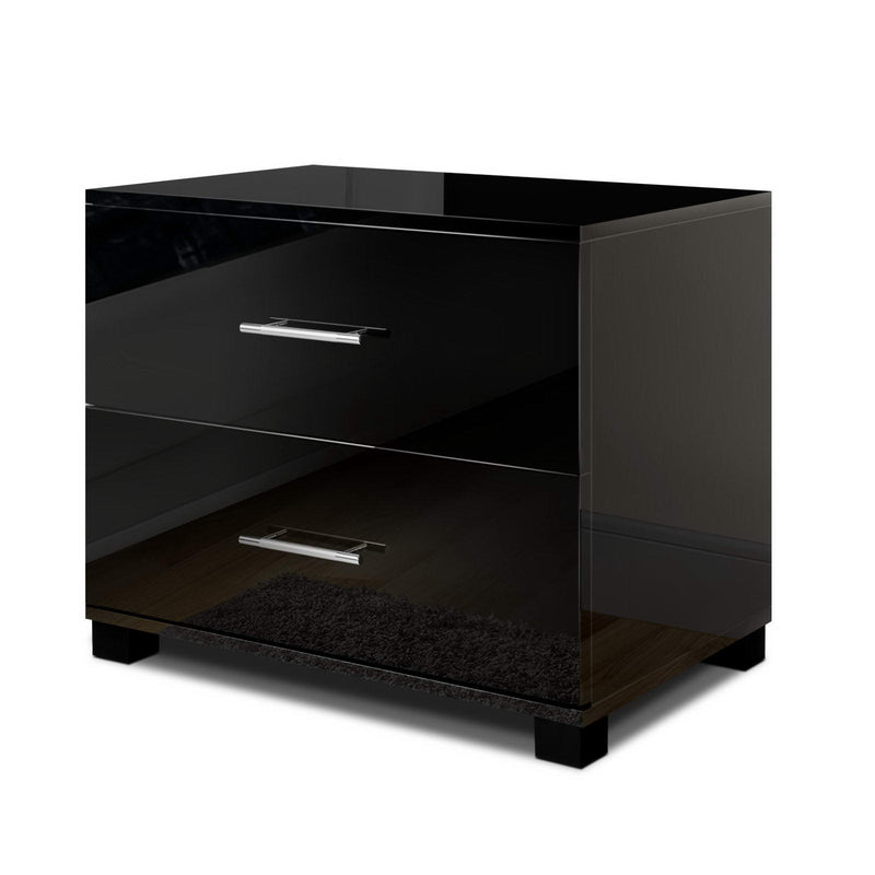 High Gloss Two Drawers Bedside Table - Black