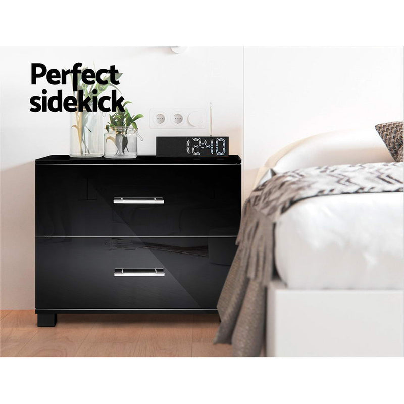 High Gloss Two Drawers Bedside Table - Black