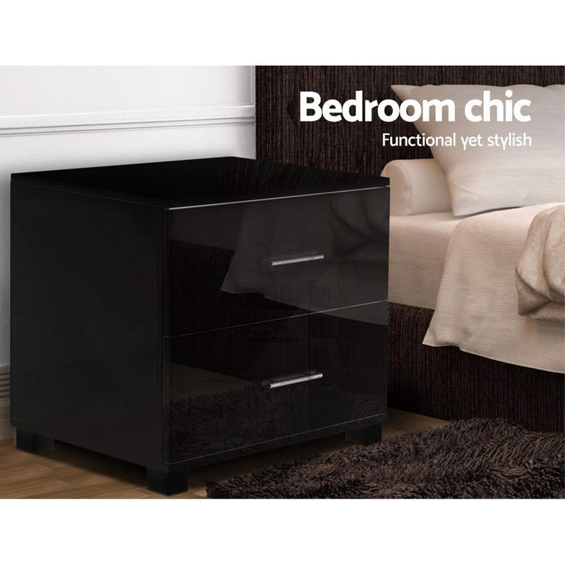 High Gloss Two Drawers Bedside Table - Black