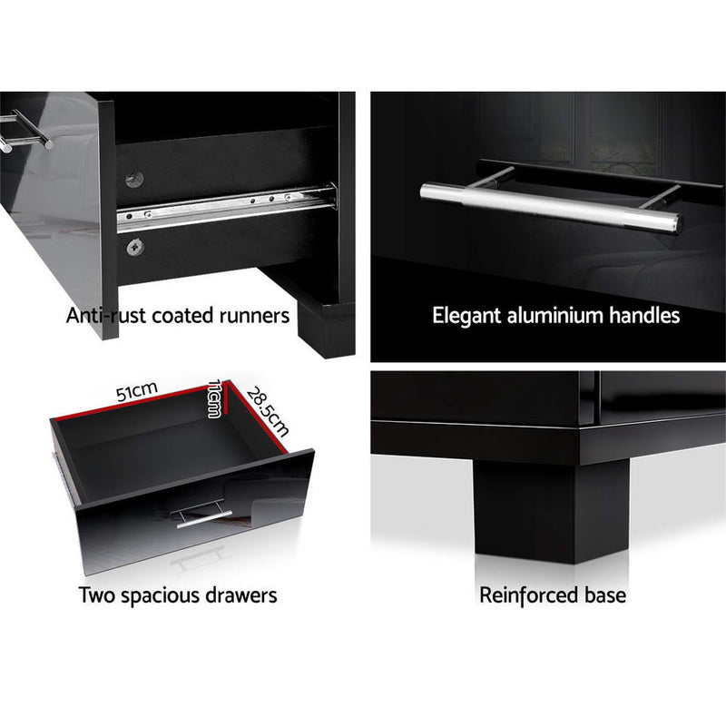 High Gloss Two Drawers Bedside Table - Black