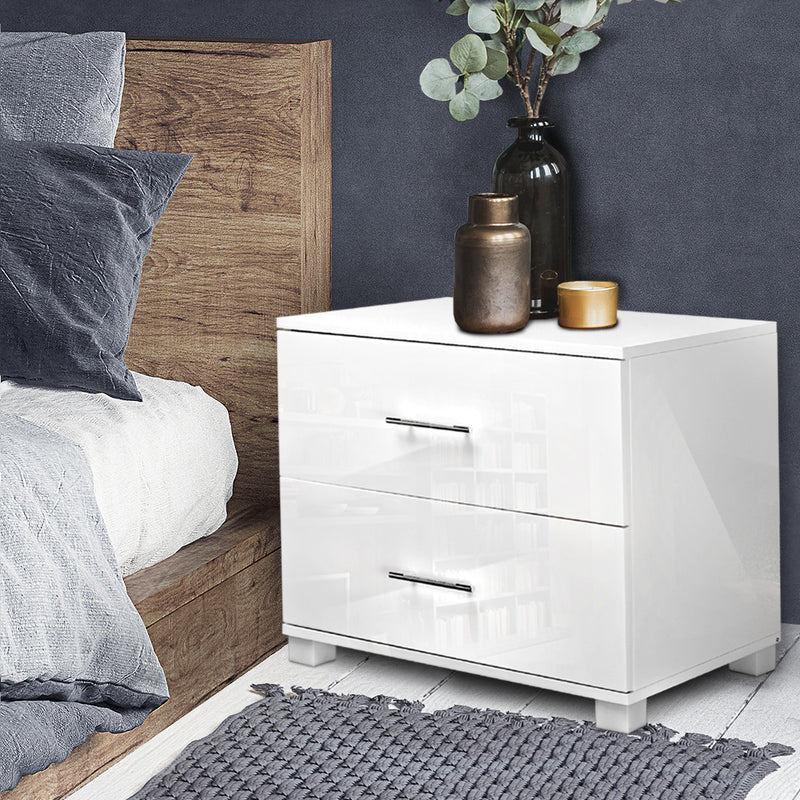 High Gloss Two Drawers Bedside Table - White