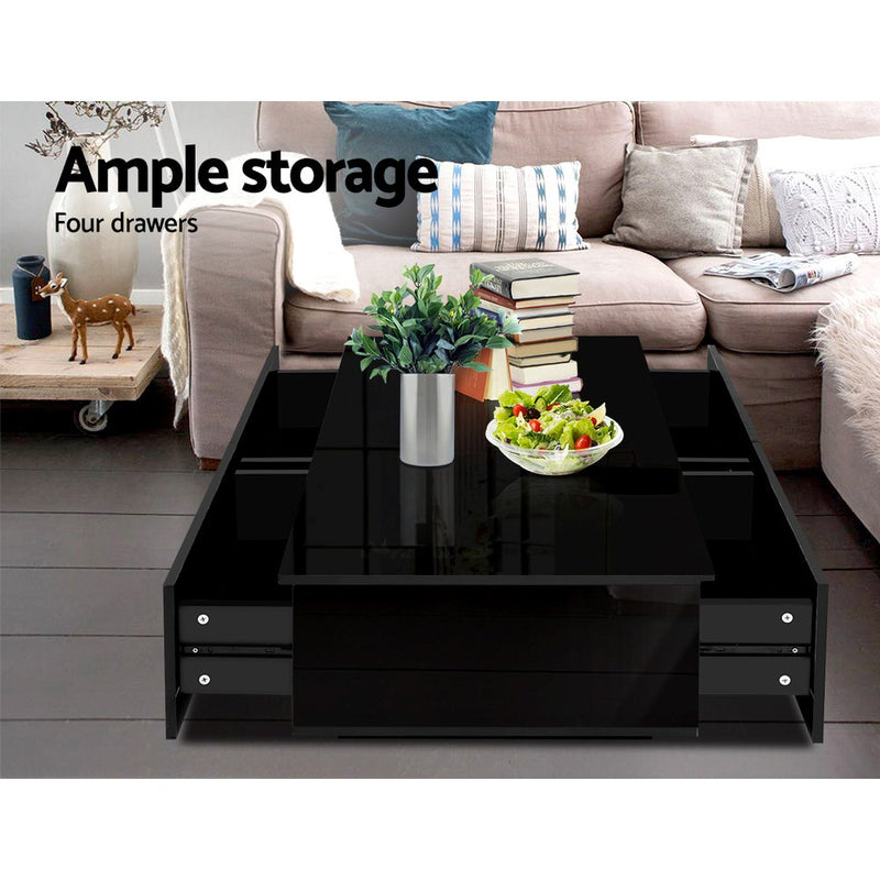 Modern Coffee Table 4 Storage Drawers High Gloss Living Room Furniture Black