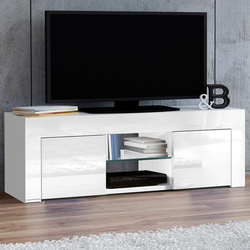 130cm High Gloss TV Stand Entertainment Unit Storage Cabinet Tempered Glass Shelf White