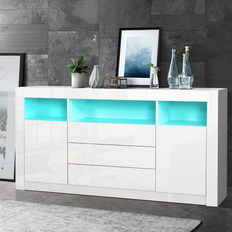 Buffet Sideboard Cabinet 3 Drawers High Gloss Storage Cupboard LED