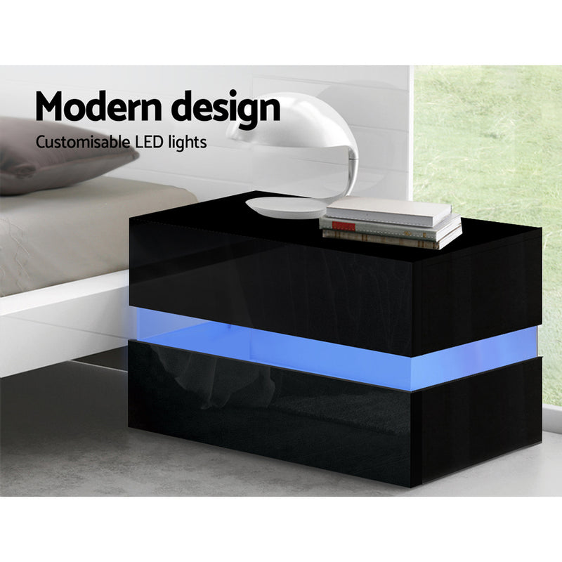 Bedside Table 2 Drawers RGB LED Side Nightstand High Gloss Cabinet Black