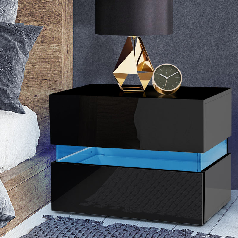 Bedside Table 2 Drawers RGB LED Side Nightstand High Gloss Cabinet Black