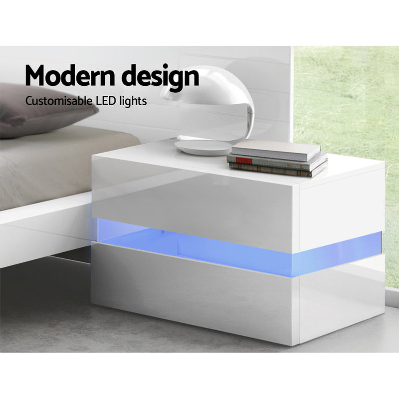 Bedside Table 2 Drawers RGB LED Side Nightstand High Gloss Cabinet White