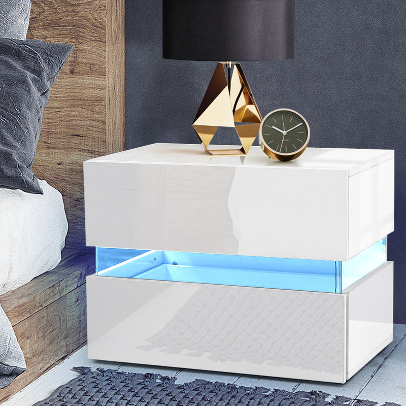 Bedside Table 2 Drawers RGB LED Side Nightstand High Gloss Cabinet White