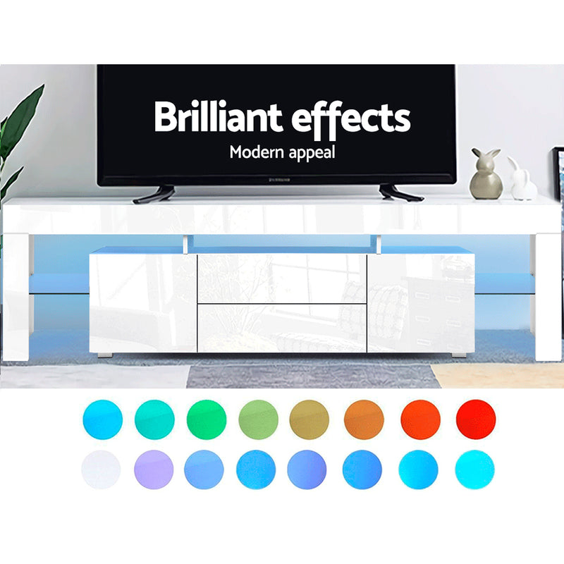 TV Cabinet Entertainment Unit Stand RGB LED Gloss Furniture 200cm White