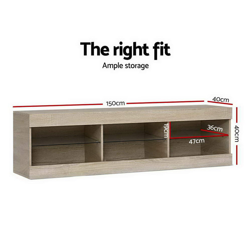 TV Cabinet Entertainment Unit Stand RGB LED Glass Shelf Storage 150cm Oak