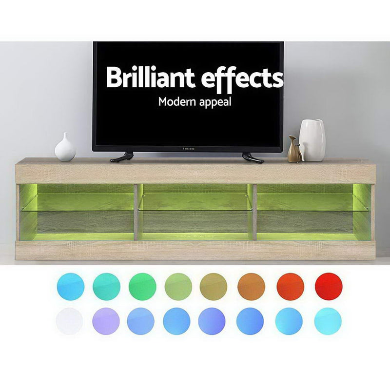 TV Cabinet Entertainment Unit Stand RGB LED Glass Shelf Storage 150cm Oak