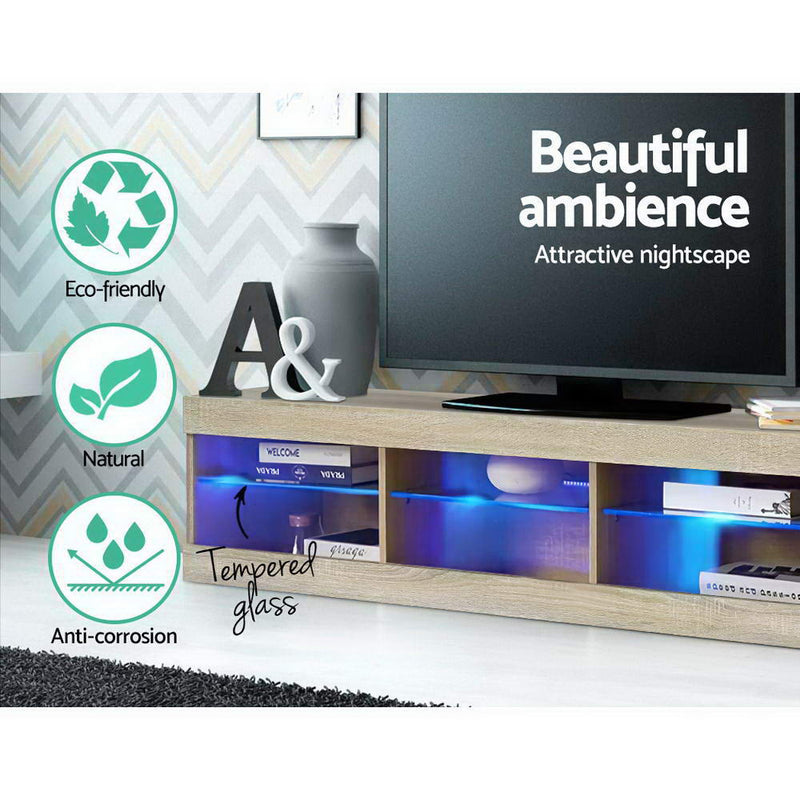 TV Cabinet Entertainment Unit Stand RGB LED Glass Shelf Storage 150cm Oak