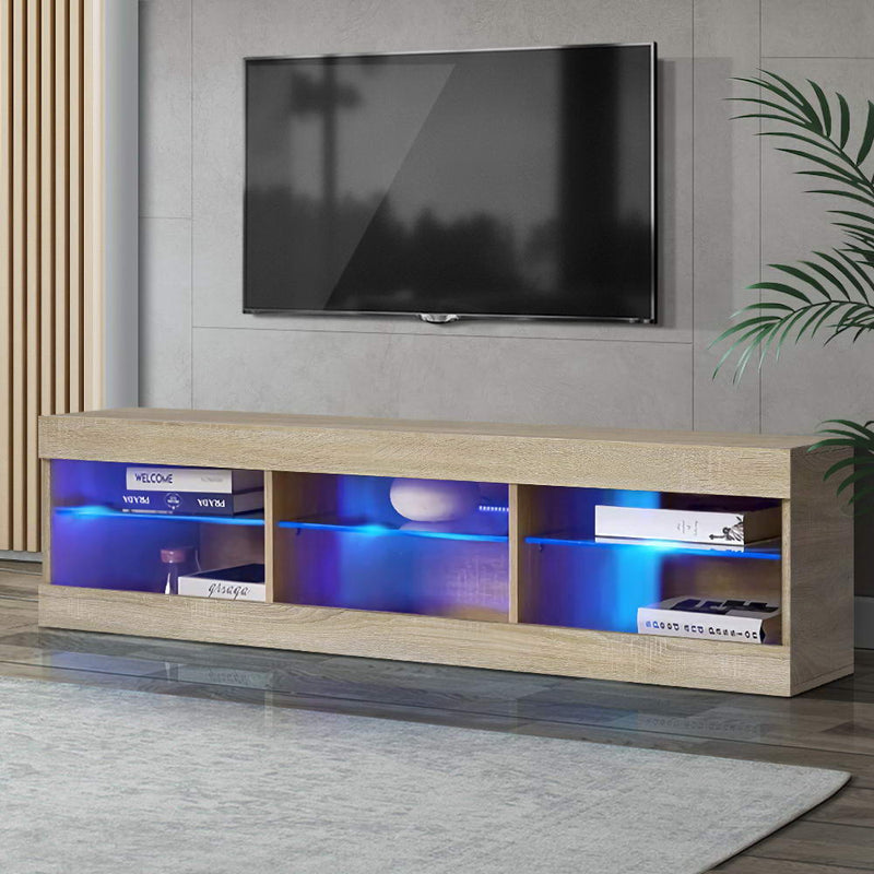 TV Cabinet Entertainment Unit Stand RGB LED Glass Shelf Storage 150cm Oak