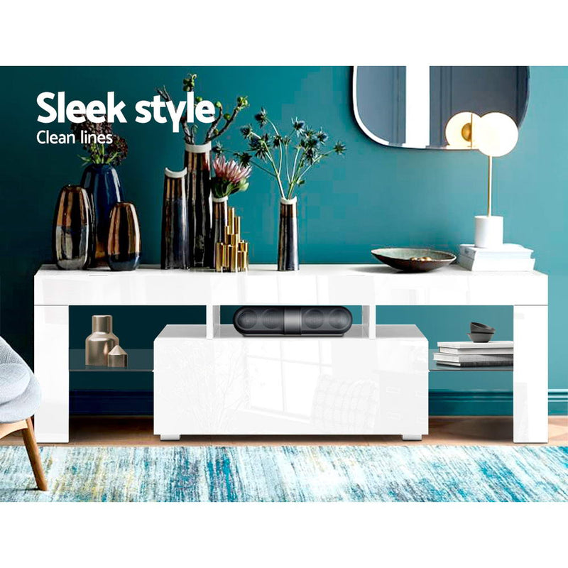 130cm RGB LED TV Stand Cabinet Entertainment Unit Gloss Furniture Drawer Tempered Glass Shelf White