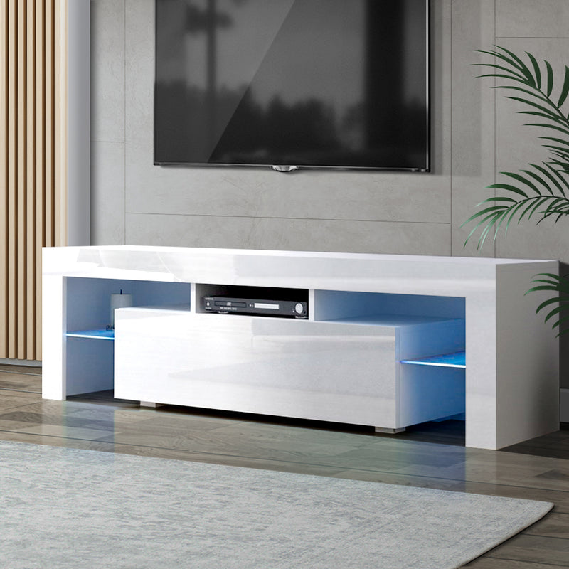 130cm RGB LED TV Stand Cabinet Entertainment Unit Gloss Furniture Drawer Tempered Glass Shelf White