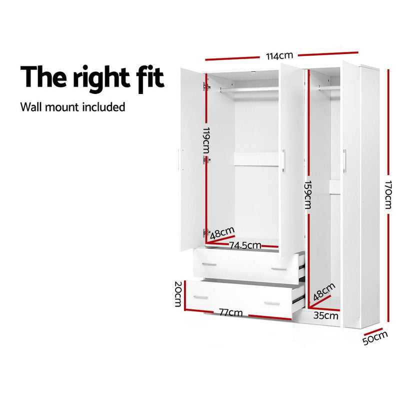 3 Doors Wardrobe Bedroom Closet Storage Cabinet Organiser Armoire 170cm