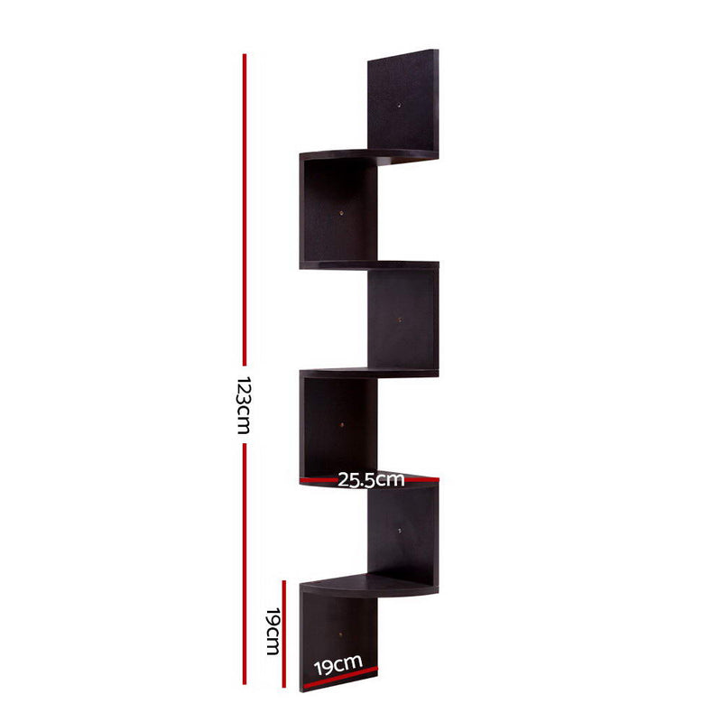 5 Tier Corner Wall Floating Shelf Mount Display Bookshelf Rack Brown