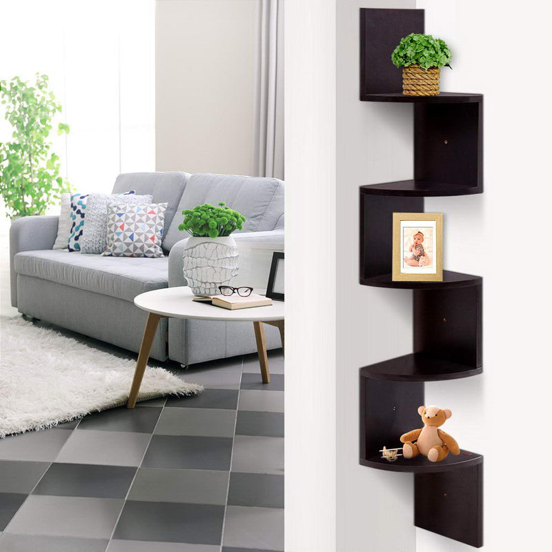 5 Tier Corner Wall Floating Shelf Mount Display Bookshelf Rack Brown