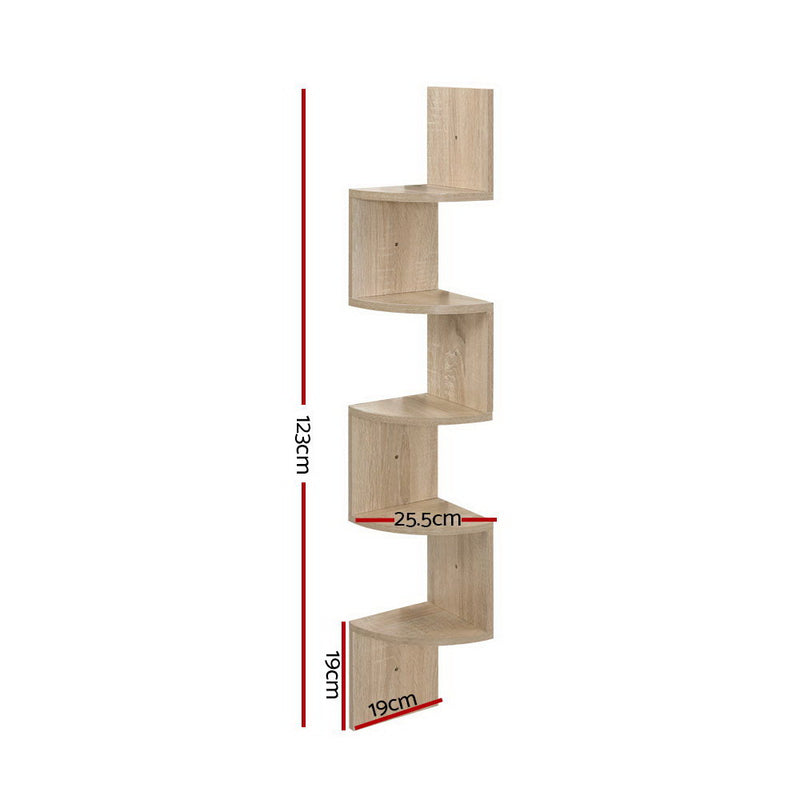 5 Tier Corner Wall Floating Shelf Mount Display Bookshelf Rack Oak