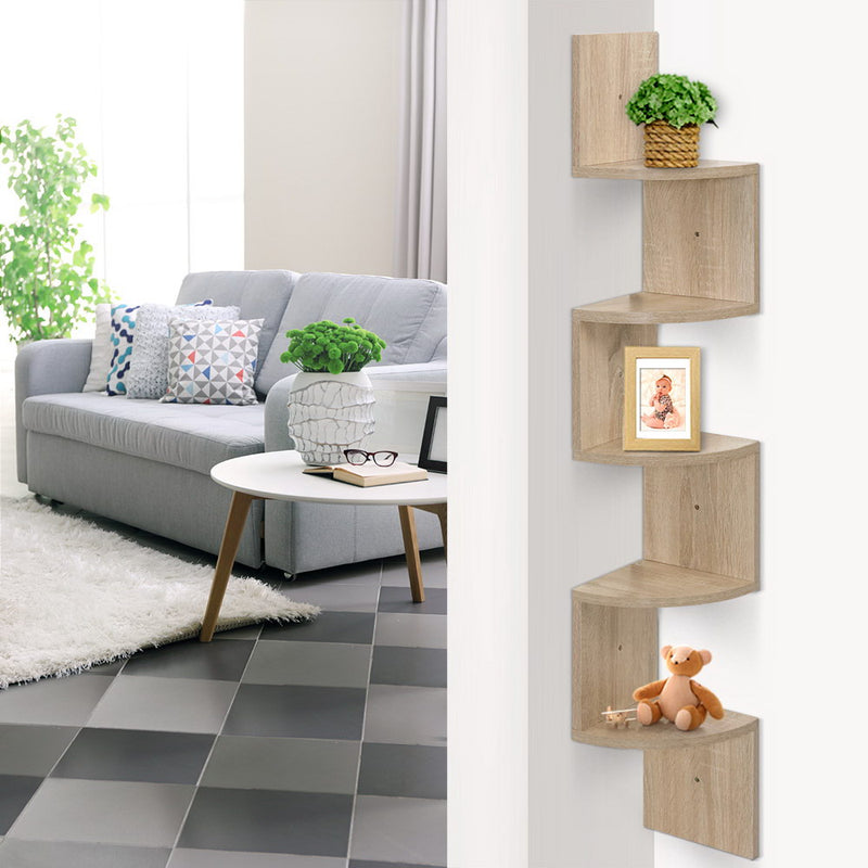 5 Tier Corner Wall Floating Shelf Mount Display Bookshelf Rack Oak