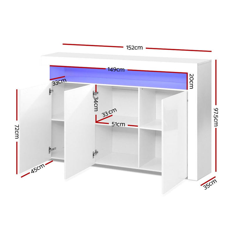 Buffet Sideboard Cabinet Storage LED High Gloss Cupboard 3 Doors White