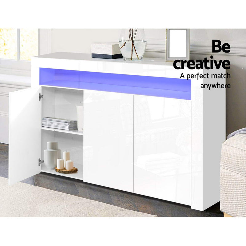 Buffet Sideboard Cabinet Storage LED High Gloss Cupboard 3 Doors White