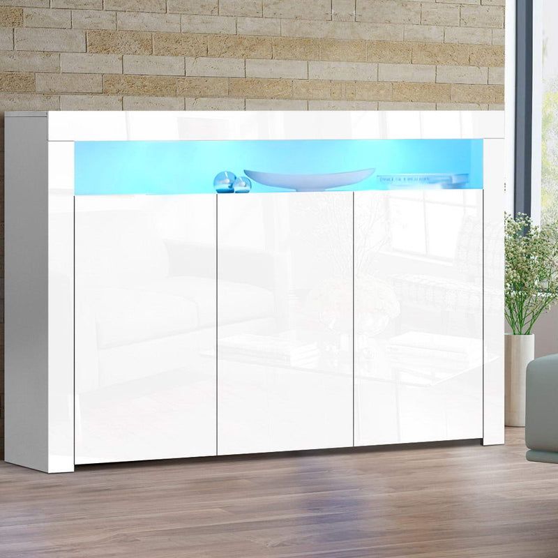 Buffet Sideboard Cabinet Storage LED High Gloss Cupboard 3 Doors White