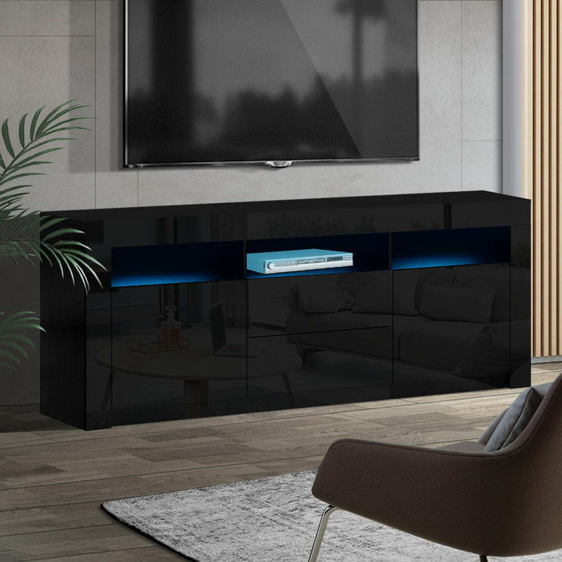 TV Cabinet Entertainment Unit Stand RGB LED Gloss Drawers 160cm Black