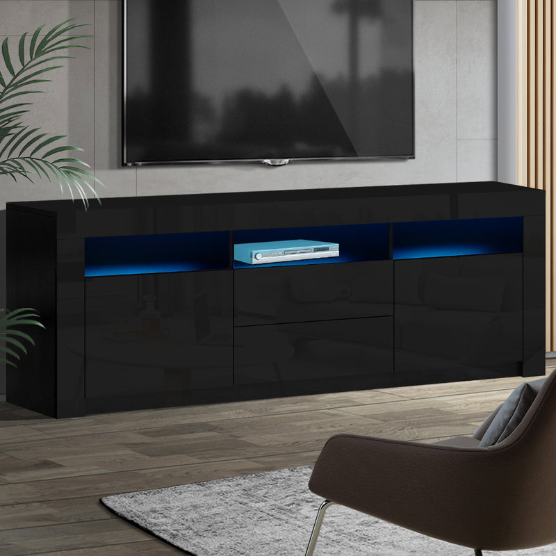 TV Cabinet Entertainment Unit Stand RGB LED High Gloss Furniture Storage Drawers Shelf 200cm Black