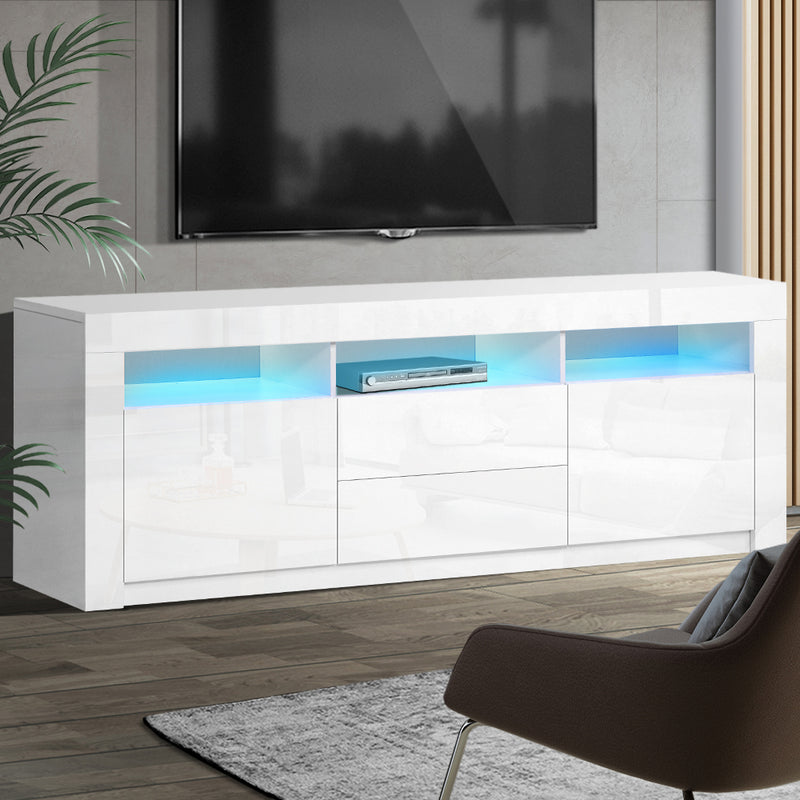 TV Cabinet Entertainment Unit Stand RGB LED High Gloss Furniture Storage Drawers Shelf 200cm White