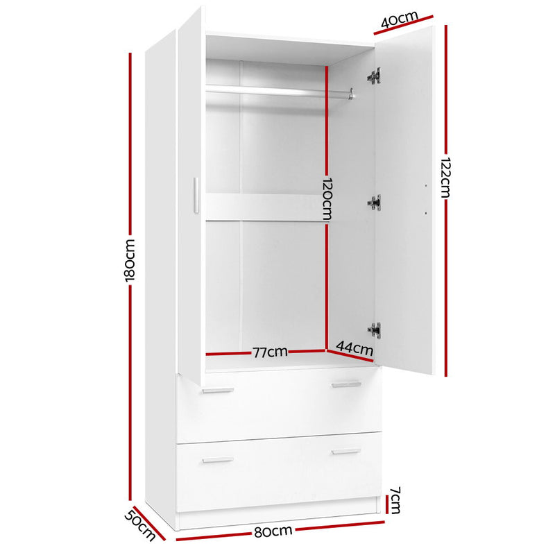 2 Doors Wardrobe Bedroom Closet Storage Cabinet Organiser Armoire 180cm White